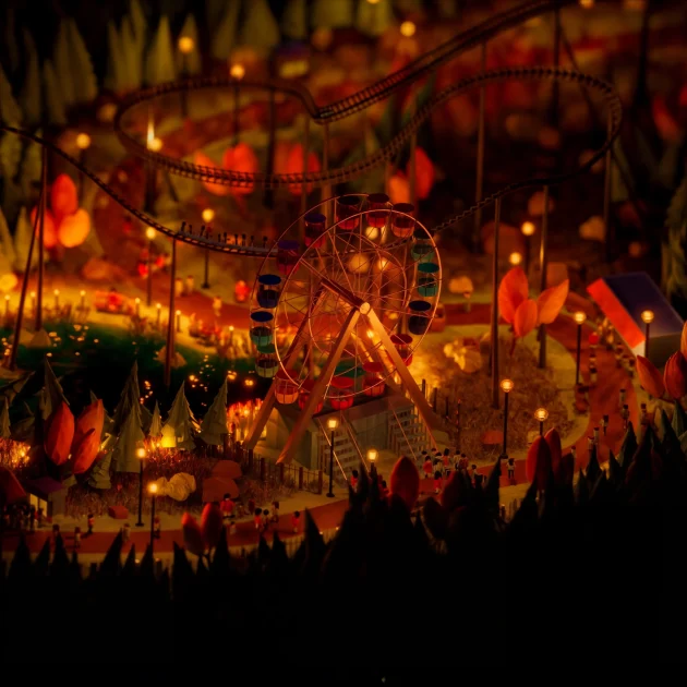 Artystyczna wizualizacja 3D w stylu low poly -nocna scena parku rozrywki z diabelskim młynem, światłem i uproszczoną geometrią