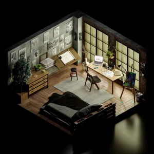 Izometryczna wizualizacja wnętrza 3D w stylistyce low poly z nastrojowym oświetleniem