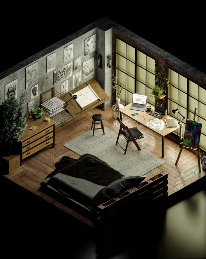 Izometryczna wizualizacja wnętrza 3D w stylistyce low poly z nastrojowym oświetleniem